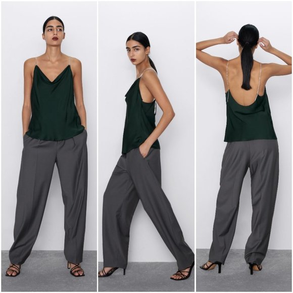 Zara Tops - ZARA SILKY HUNTER GREEN COWL NECK JEWEL STRAP CAMI